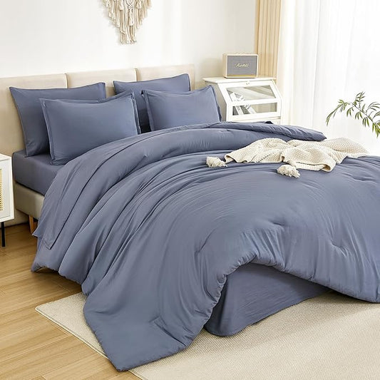 Litanika Queen Comforter Set Bluish Grey - 7 Pieces Bed in a Bag Queen Bedding Comforter Sets, Solid Lightweight Bed Set with Comforter, Sheets, Pillowcases & Shams