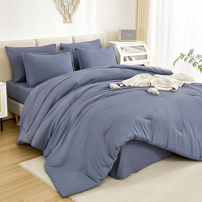 Litanika Full Size Comforter Sets Bluish Grey - 7 Pieces Bed in a Bag Full Bedding Comforter Sets, Solid Lightweight Bed Set with Comforter, Sheets, Pillowcases & Shams
