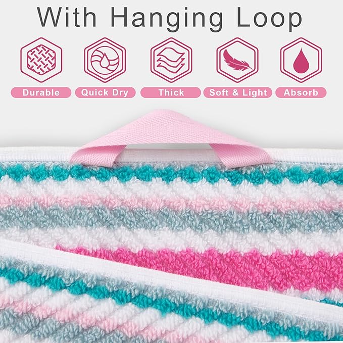 Pink Soft Towel Set (3PC, 100% Cotton), 1 Bath 28"x52", 1 Hand 16"x27", 1 Wash Cloth 13"x13, Quick Dry Towels with Hanging Loop, Striped Absorbent Towels Set for Bathroom & Guest, Pink and Aqua Stripe