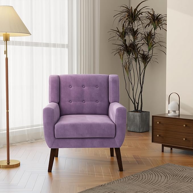 Accent Chair, Mid-Century Modern Velvet Fabric Chairs with Arms for Living Room, Comfy Upholstered Club Single Sofa Armchair for Bedroom Waiting Room with Solid Wood Frame (Velvet Purple, Set of 2)