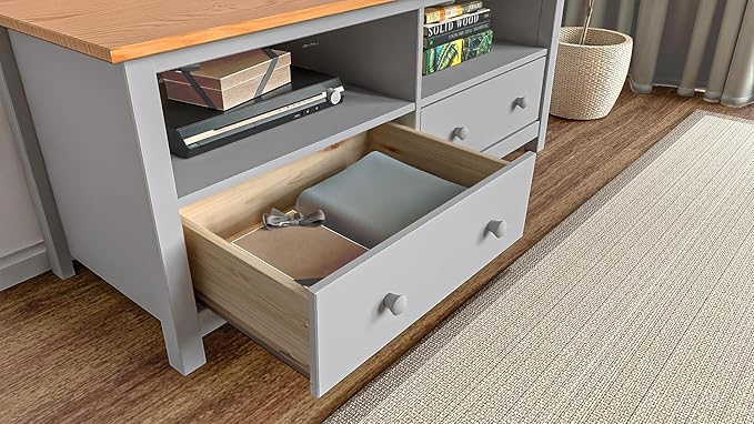 Handcrafted Solid Oak TV Stand Entertainment Center - Elegant Gray/Pine Media Console with Spacious Storage Drawers & Open Shelves - Sturdy Wood Cabinet Fits TVs up to 55 Inches