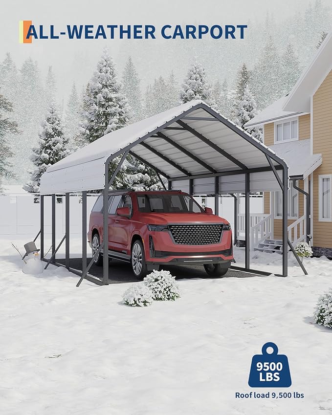 13'x21'x11' Oversized Metal Carport, Steel Heavy Duty Carport for All-Weather, Permanent Shelter for Bass Boats, Pickup Trucks, and Tractors, N.W. 660 Lbs