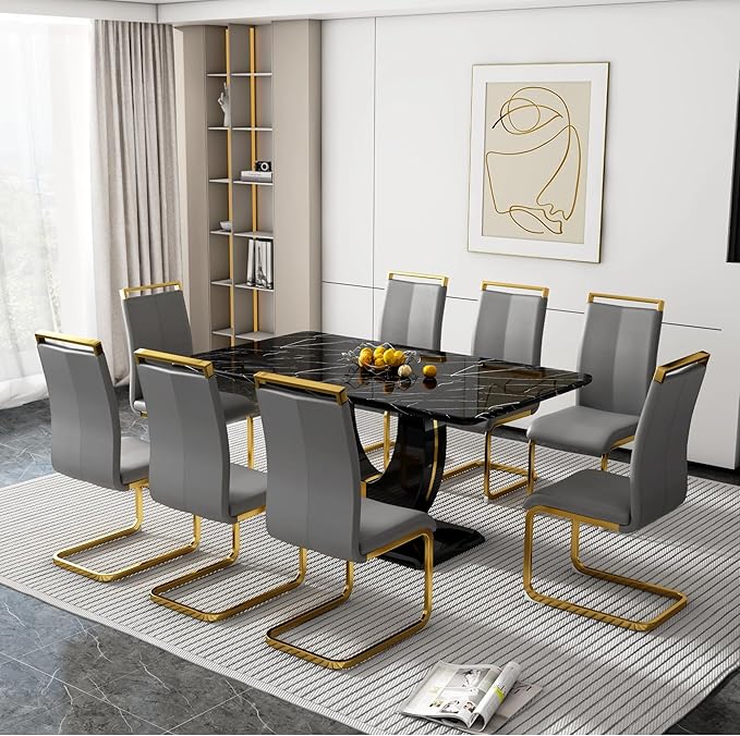 Dining Table Set for 8, Kitchen Table Chairs Set of 8, Modern Dining Room Set with 71 inch Marble Dinner Table PU Leather Upholstered Chairs for Dining Room Kitchen