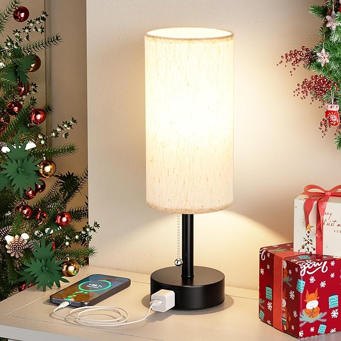 Bedside Table Lamp for Nightstand - 3 Color Temperatures Pull Chain Lamp with AC Outlet Charging Port, Round Night Stand Light for Bedroom Living Room, Small Bed Side Light with E26 LED Bulb