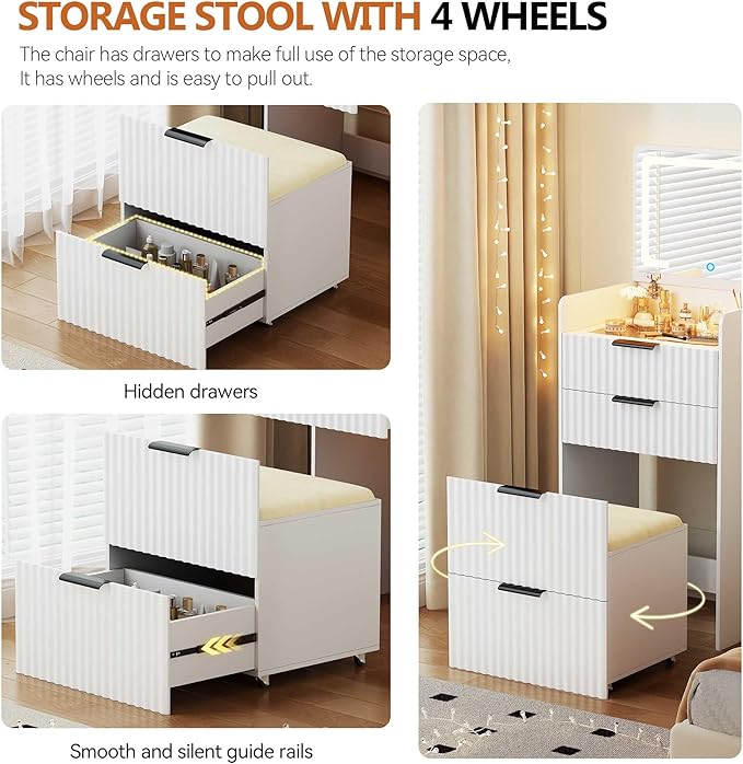 LED 3 in 1 Vanity Desk with Flip Top Mirror, Small Makeup Table with Glass Desktop, Compact Dressing Table with Storage and Cushioned Stool with Wheels, 3 Drawers, for Bedroom White