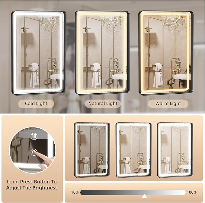 Hasipu LED Bathroom Mirror with Lights 40 x 26 Inch, Black Metal Frame Light Mirror for Vanity Anti-Fog, Dimmable, 3 Colors (Horizontal/Vertical)