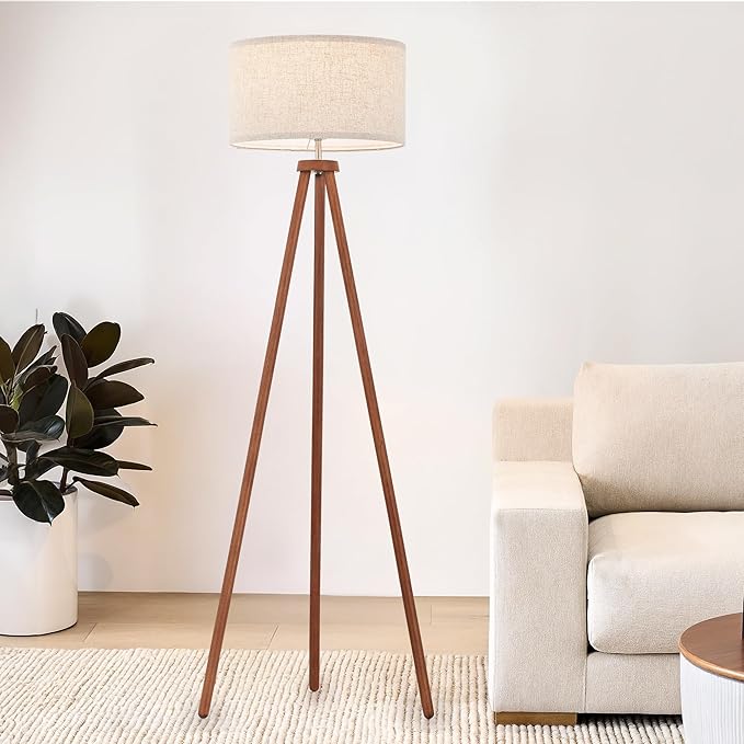 ELYONA Wood Tripod Floor Lamps for Bedroom, Vintage Standing Light 3 Color Temperatures LED Bulb Included & Beige Linen Shade, Tall Floor Lamp for Living Room Office Study Room, Brown & Nickel Metal