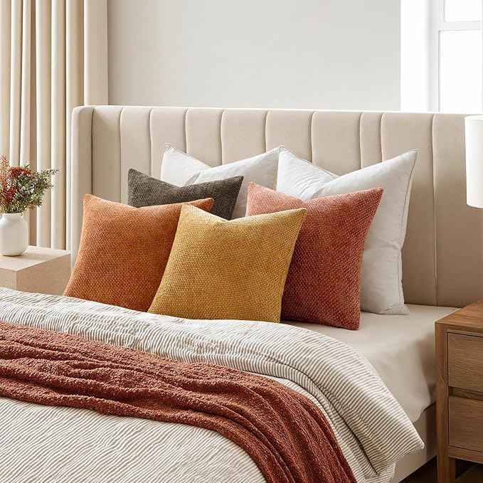 MIULEE Pack of 4 Fall Orange/Yellow Couch Throw Pillow Covers 18x18 Inch Halloween Soft Decorative Chenille Pillows Farmhouse Accent Cushions for Boho Home Decor Spring Sofa Bedroom Living Room