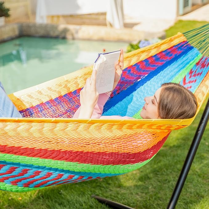 PNAEUT Mayan Hammock, Handwoven XL Thick Soft Rope Hammocks for Outdoor Indoor, Max 600 lbs Capacity, Tree Straps & Carabiners Included (Tropical, No Stand)