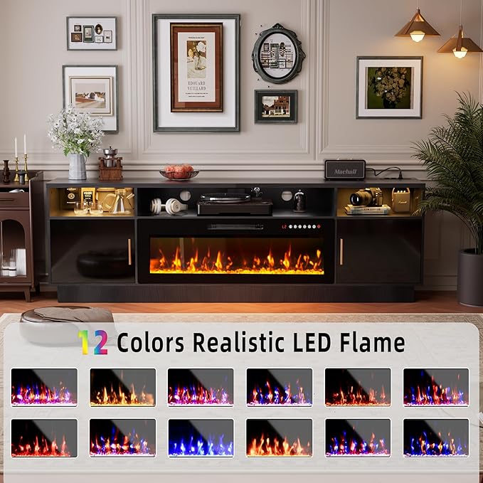 Ludatido 80 Inch Premium TV Stand with 36 inch Electric Fireplace 27 Inch high LED Light Entertainment Center Easy to Assemble for TVs Up to 90'' with USB&AC Power Interface White