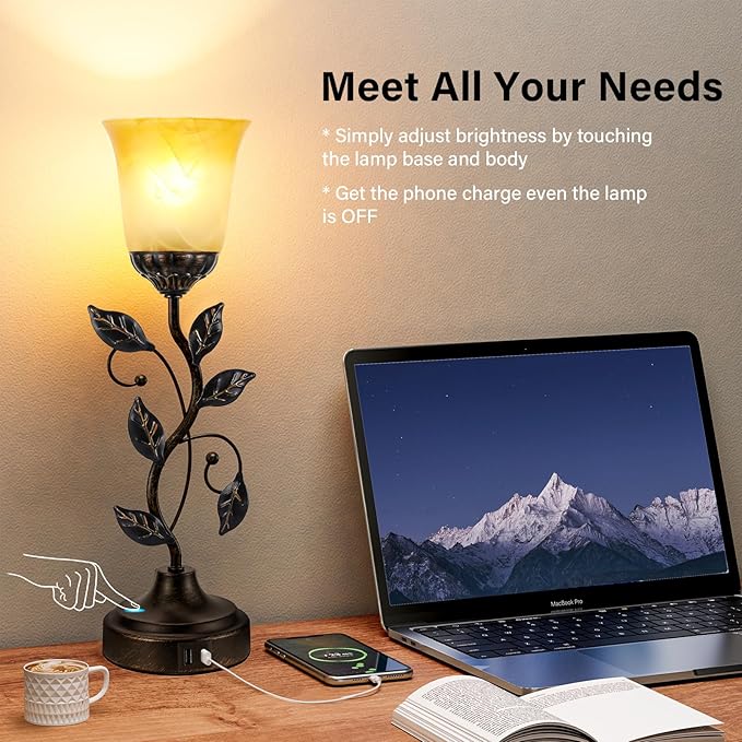 Kakanuo Touch Table Lamp Bedside Lamp Nightst Lamp USB Charging Ports for Living Room 3 Way Dimmable Traditional Leaf Lamp Retro Table Lamp for Bedroom Amber Glass Lampshade LED Bulb Included)