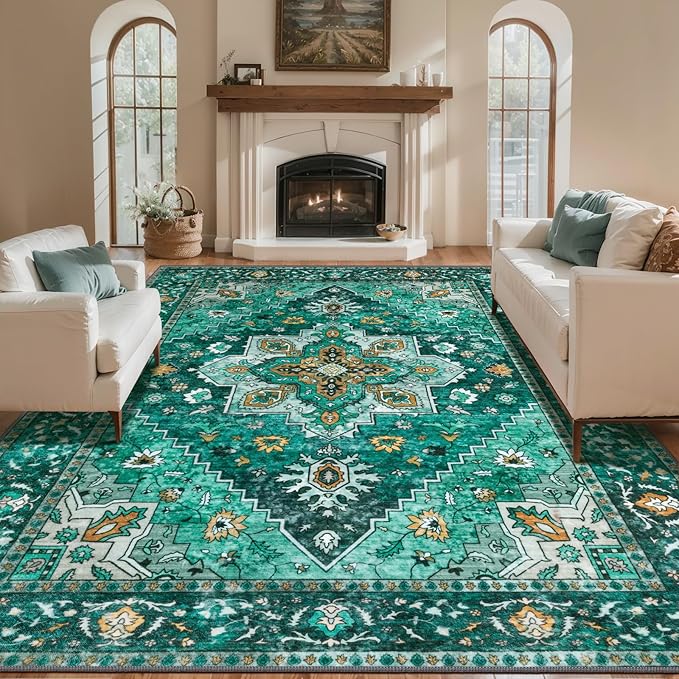 Tangsoo 8x10 Area Rug for Living Room, Washable Vintage Rug Indoor Non Slip Large, Print Distressed Emerald Carpet, Soft Low Pile Foldable Floor Rugs for Bedroom Dining Room Dorm