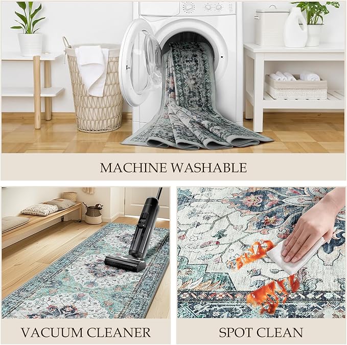 Area Rugs 4ft Washable Non-Slip, Floral Vintage Distress Print Pattern Medallion Carpet for Living Room Bedroom Dining Room, Green Navy Blue White Red Teal Colorful