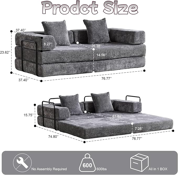 Convertible Sofa Bed, Compression Futon Sofa with Pillows & Armrest, Foldable Mattress Couch with Fixed-Shape Frame, Comfy Couch Lounge Sleeper Bed for Living Room Bedroom, Dark Gray