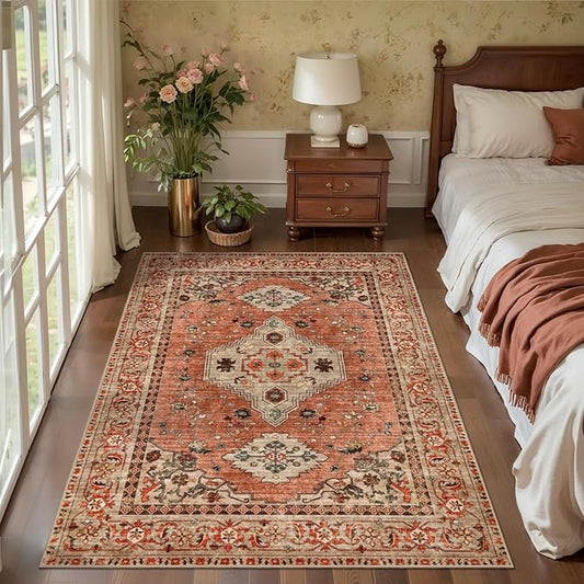 Tangsoo 3x5 Rug, Washable Vintage Rugs Indoor Area Rug, Non Slip Accent Rug, Print Distressed Taupe Carpet, Soft Low Pile Rug for Living Room Dorm Bedroom Bedside Entryway Bathroom