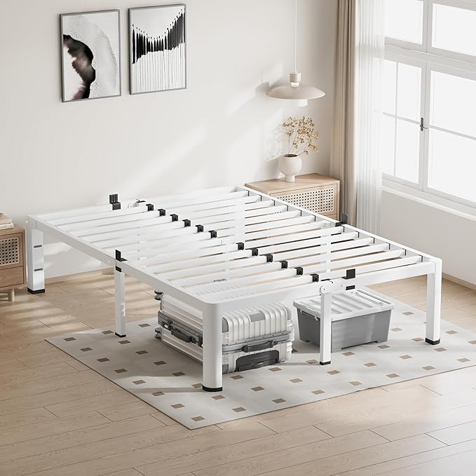 18 Inch Full Size White Bed Frame, 3500Lbs Heavy Duty Metal Platform with Round Corner Legs Mattress Slide Stopper, Steel Slat Support No Box Spring Needed, Noise Free, Non-Slip, Easy Assembly