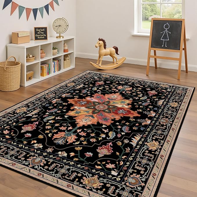 Area Rugs 5'x7' Washable Non-Slip, Floral Vintage Distress Print Pattern Medallion Carpet for Living Room Bedroom Dining Room, Black Colorful Floral Dark Tan