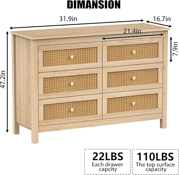 Farmhouse 6 Drawers Dresser, Wood Double Dresser Chest of Drawers Wide Storage Organizer Cabinet for Bedroom, Living Room, Natural