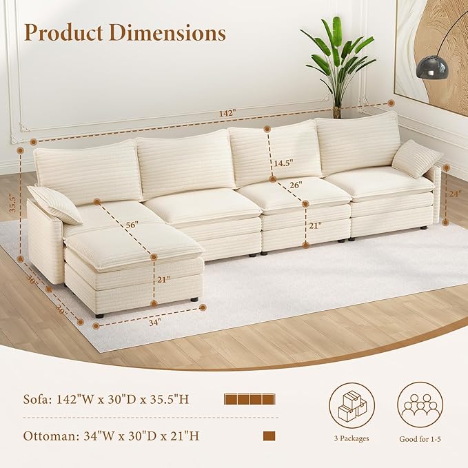Vesgantti 142" Cloud Couch Sectional Modular Sofa, Comfy Sectional Couch with Ottoman Deep Seat Corduroy L Shaped Sofa, Modular Couches for Living Room, Bedroom and Apartment, Beige