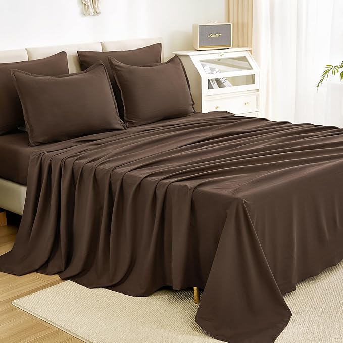 Litanika Full Size Comforter Sets Brown - 7 Pieces Bed in a Bag Full Bedding Comforter Sets, Solid Lightweight Bed Set with Comforter, Sheets, Pillowcases & Shams