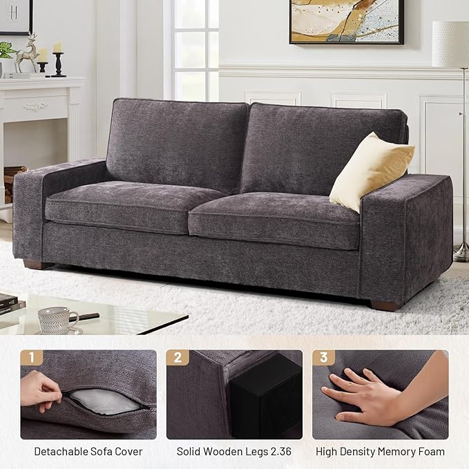 EASELAND 89" Modern Sofa Couch for Living Room, Chenille Sofa with Wide Armrest,3 Seater Deep Seat Loveseat with Removable Cover Easy to Install(Dark Grey)