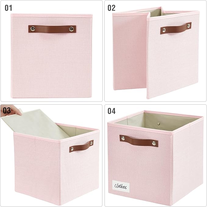 Collapsible Fabric Storage Cube Bins with 2 Reinforced PU Handles, Foldable Storage Organizer Baskets for Closet, Shelves, Living Room | 11"x11"x11", 4 Pack, Full Pink