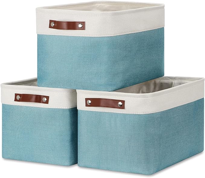 DULLEMELO Storage Baskets for Shelves, Fabric Collapsible Rectangular Storage Bins for Shelves, Closets, Nursery, Home, Empty Gift Baskets (3-Pack Medium-15 inch X 11 inch X 9.5 inch , White&Teal)