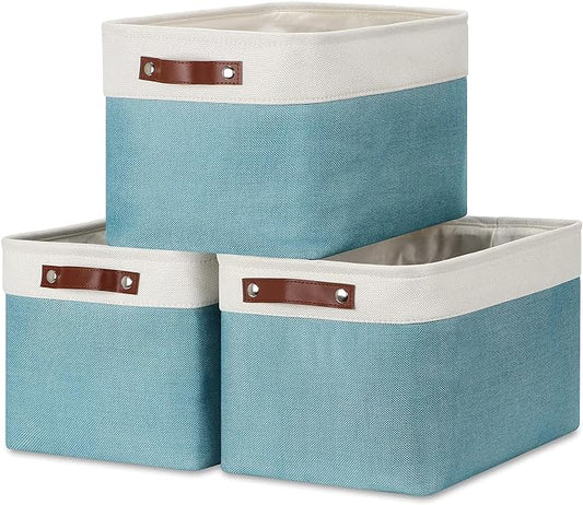 DULLEMELO Storage Baskets for Shelves, Fabric Collapsible Rectangular Storage Bins for Shelves, Closets, Nursery, Home, Empty Gift Baskets (3-Pack Medium-15 inch X 11 inch X 9.5 inch , White&Teal)