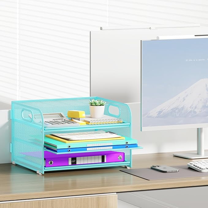 3 Tier Paper Organizer with Handle, Metal Desk Organizer Mesh Paper Letter Tray Desktop File Folder Document Sorter for Classroom, School, Office Accessories Organization and Storage - Blue