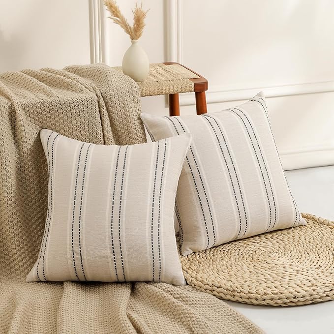 Hckot Decorative Pillow Covers 18x18 Striped Throw Pillows Textured Linen Pillow Covers Farmhouse Decor Cushion Covers for Couch Bed Living Room, Grey