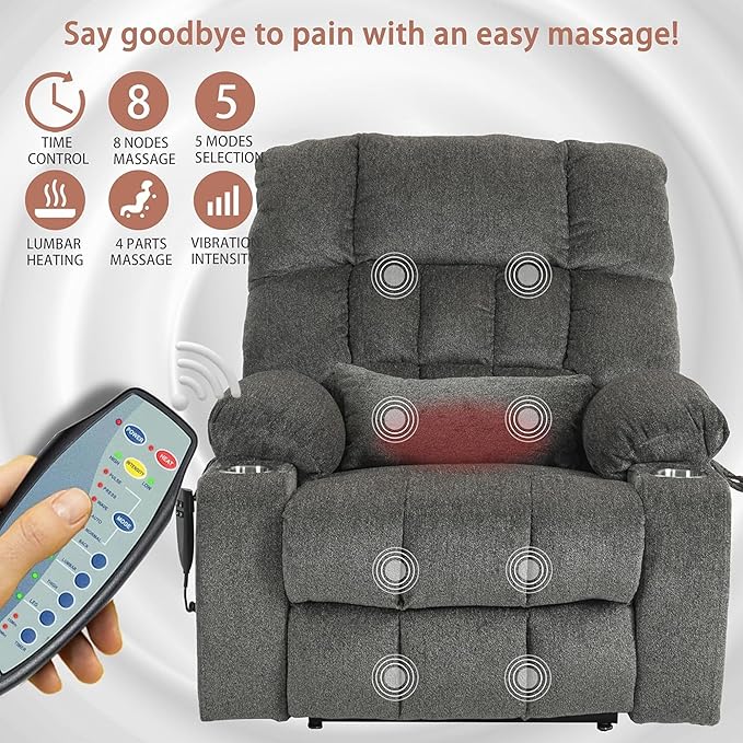 Power Lift Recliner Chair with Massage and Heating for Elderly, Oversized Lay Flat Recliner, Big and Tall 400lbs, Dual Motors, Cup Holders, Heavy Duty, Adults (Grey)