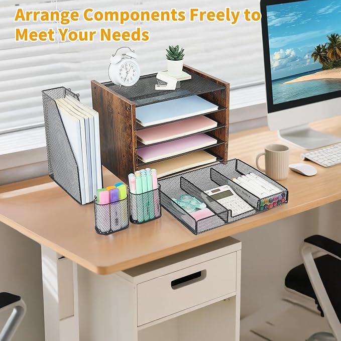 Wood Desk Organizers and Accessories with File Organizer, 5-Tier Paper Organizer with Drawer & Pen Holder, Office Desk Accessories, Workspace Desktop Storage for Office Supplies Organization（Brown）