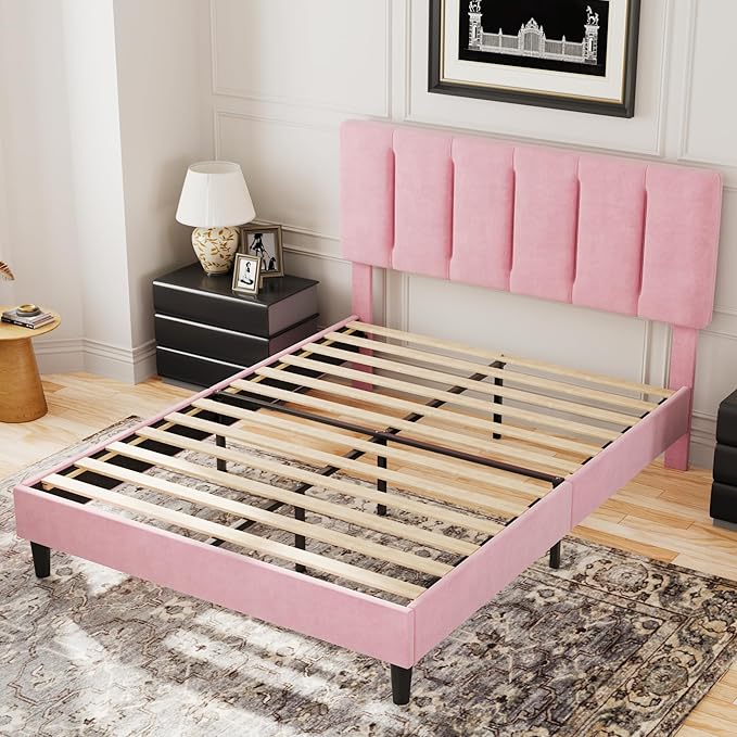 VECELO Queen Bed Frame with Upholstered Headboard, Heavy-Duty Platform Bedframe with Strong Wooden Slats Support, No Boxing Spring Needed, Pink