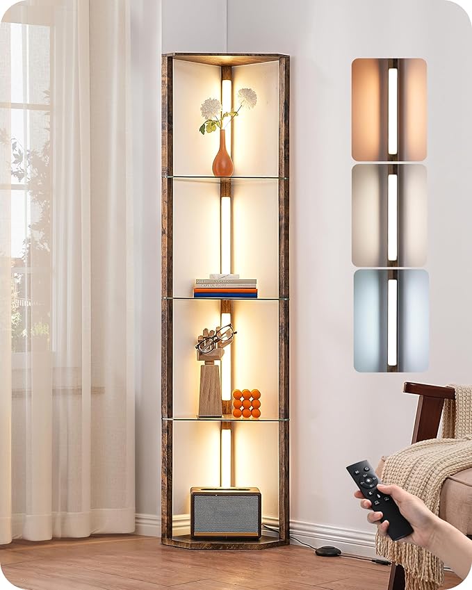 EDISHINE Corner Shelf with Light, 5-Tier Glass Display Shelf with Remote/Foot Control, 3CCT & Dimmable Corner Lamp, Open Display Cabinet, Standing Lamp for Living Room, Bedroom, Flamewood Color