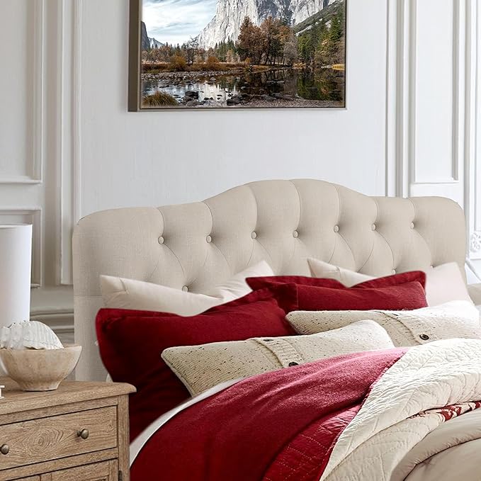 Rosevera Givanna Adjustable Height Headboard with Linen Upholstery and Button Tufting for Bedroom, Queen, Natural
