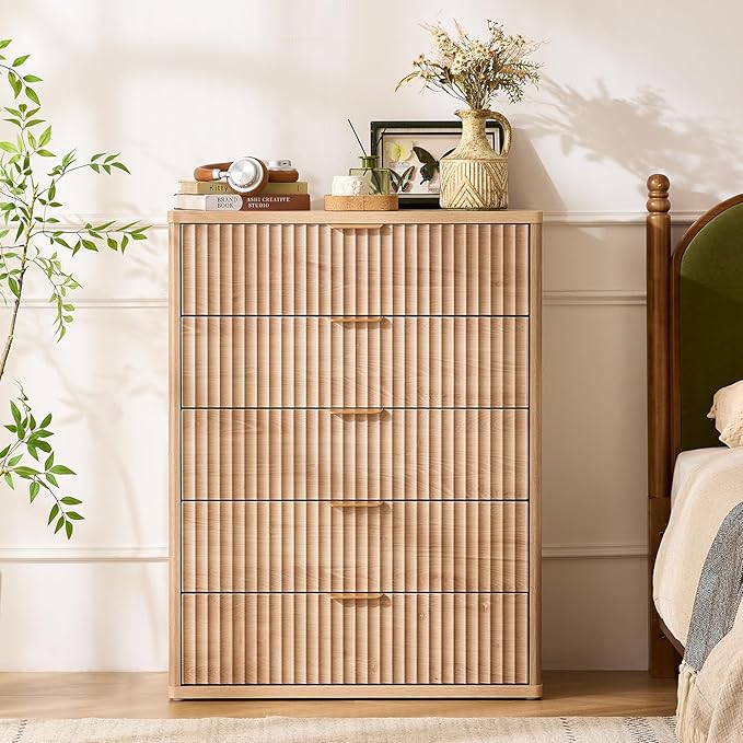 LEYAOYAO Fluted 5 Drawers Dresser for Bedroom, 41" Tall Modern Chest of Drawers with Metal Handle, Curved Profile Farmhouse Closet Organizer Wood Dressers TV Stand for Living Room, Hallway, Navy Blue