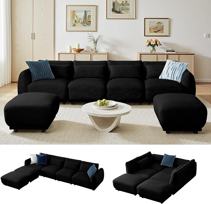 Sectional Sofa Couch, Modern Convertible U Shaped Sectional Couch with Ottoman, Modular Sectional Sofa Cloud Couches for Living Room (Black, 4 Set + 2 Ottoman)