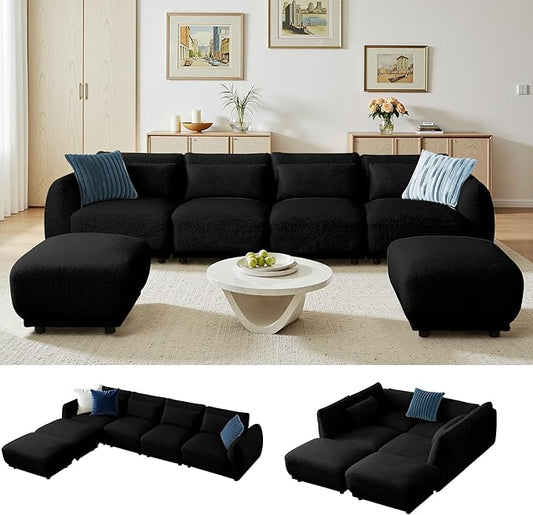 Sectional Sofa Couch, Modern Convertible U Shaped Sectional Couch with Ottoman, Modular Sectional Sofa Cloud Couches for Living Room (Black, 4 Set + 2 Ottoman)