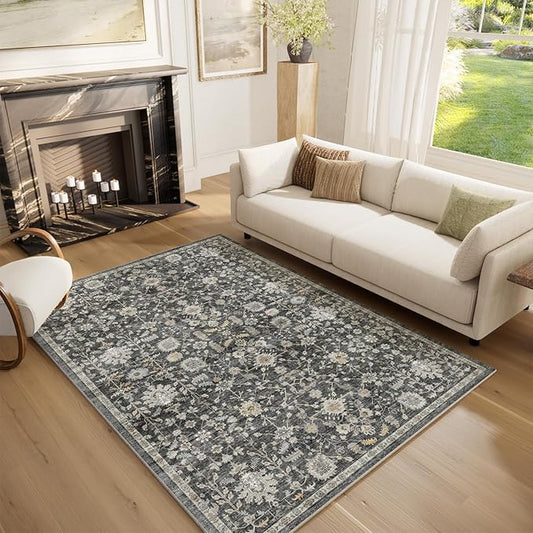 Washable Area Rugs 5'x7' Non-Slip Vintage Boho Distressed Fade Resistant Low Pile Carpet for High-Traffic Living Room, Bedroom & Dining Room