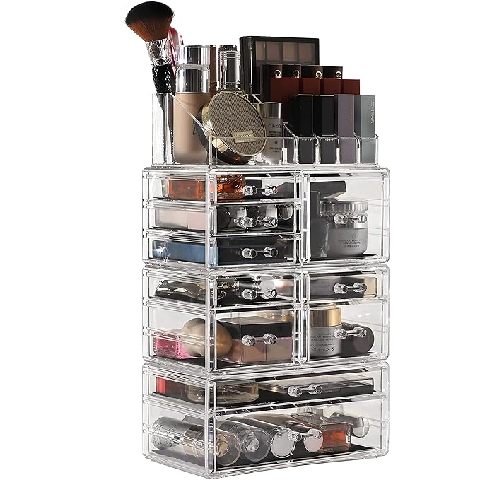 Cq acrylic 4 Pack Clear Make up Organizer Countertop,Stackable 10 Drawers Makeup Storage,Cute Vanity Organizers for dresser Hair Clip,Jewelry,Beauty Product Desk and Bathroom Organizers and Storage