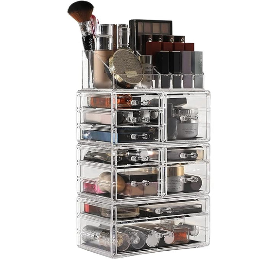 Cq acrylic 4 Pack Clear Make up Organizer Countertop,Stackable 10 Drawers Makeup Storage,Cute Vanity Organizers for dresser Hair Clip,Jewelry,Beauty Product Desk and Bathroom Organizers and Storage