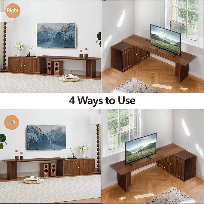 Extendable TV Stand, Wood TV Media Console with 2 Doors Entertainment Center Storage Cabinet Adjustable Shelves for Living Room Bedroom, Walnut