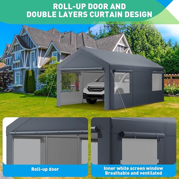 12X20 Ft Heavy Duty Carport Canopy, Portable Garage, Car Tents, Easy to Assemble, Reinforced Structure, with Hanging Edge, Applicable to Car, Bike, Boat, Party (Gray)