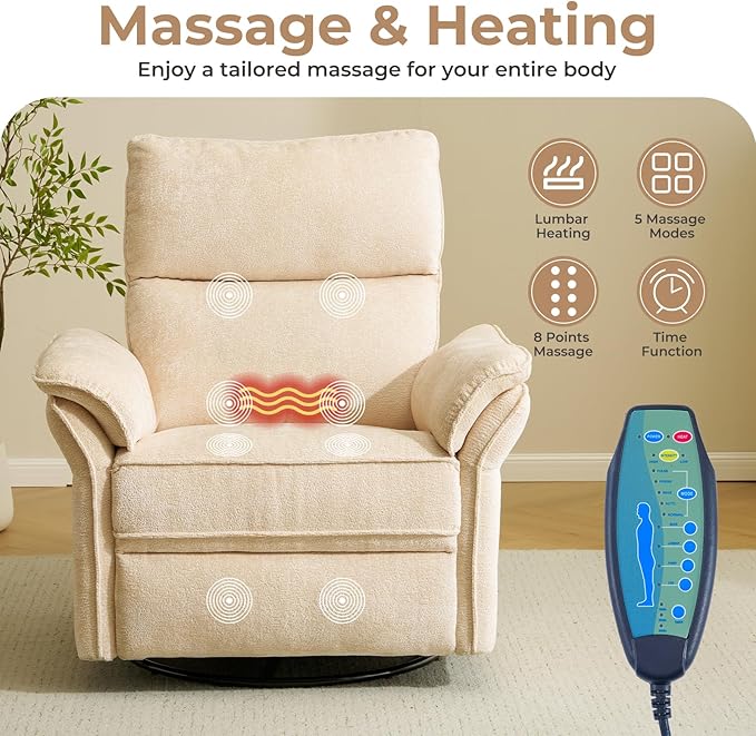 Oversized Power Recliner Chairs for Adults with Massage and Heat, Power Swivel Rocker Recliner Chair with Adjustable Headrest, 26" Extra Wide Rocker Nursery Recliner with USB Port, Beige