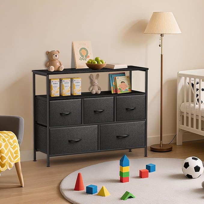 TV Stands for 42 inches TV, TV Stands for Living Room, Entertainment Center with Storage, TV Console with Open Shelves (Black and Charcoal Black)