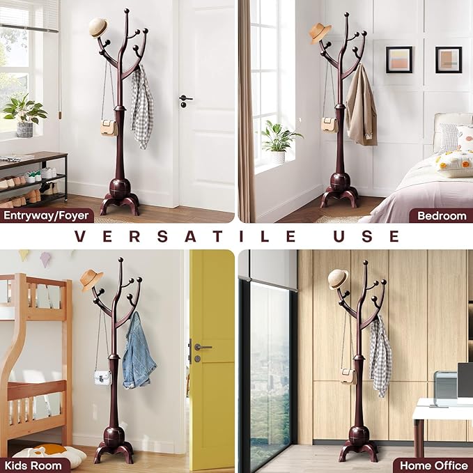 Coat Rack Freestanding Wood Tree Rack with 8 Hooks, Creative Design Tree Branch-look, Coat Tree Clothes Hanger Stand with Stable Sphere Base for Entryway, Hallway, Bedroom (Wine Red)