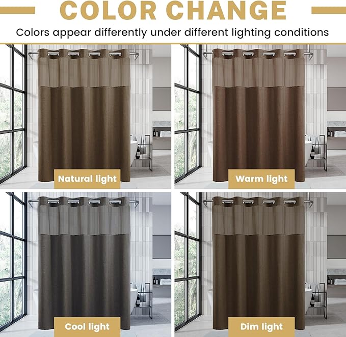 No Hook Shower Curtain with Snap in Liner, Polyester Textured Shower Curtain with Liner Set, Waterproof Washable Hotel Style Shower Curtains for Bathroom, 71Wx74H, Brown