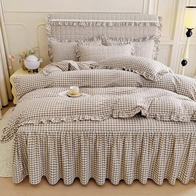 mixinni Vintage Ruffle Tan Gingham Comforter Set 3-Piece Washed Cotton Twin XL Beige Grid Bedding Set with Taupe Geometric Checkered Pattern, Farmhouse Chic Soft Fluffy Comforter for All-Season