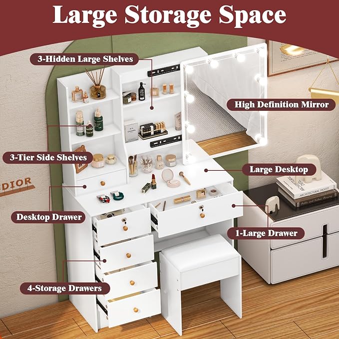 Makeup Vanity with Sliding Mirror and Lights in 3 Colors, Vanity Table with 6 Storage Drawers and Multiple Shelvers, Dressing Table with with Cushioned Stool for Bedroom, White