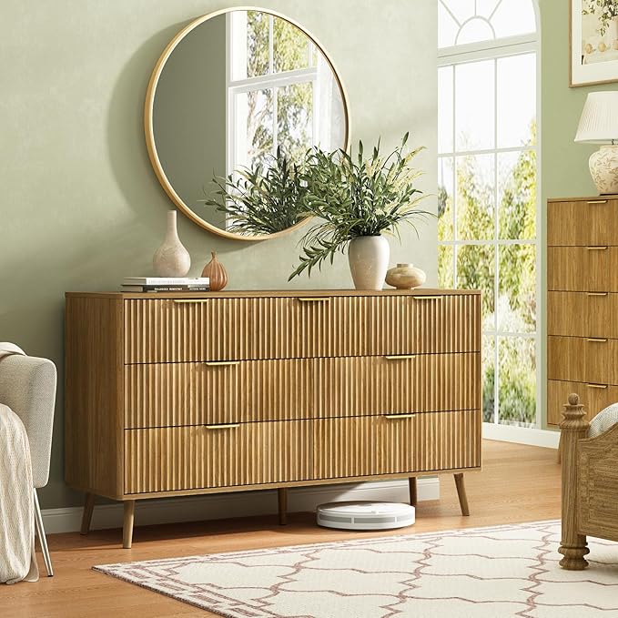 CARPETNAL Fluted 7 Double Drawers Dresser for Bedroom, 55”Wide Modern Chest of Drawers with Deep Drawers,Curved Profile Design, Wood Drawer Organizer for Living Room, Natural Oak